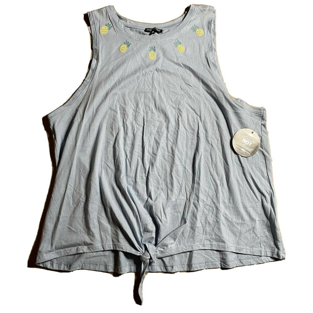 NEW Attitude Not Included Womens 3X Pineapple Embroidered Blue Tank Top Tie